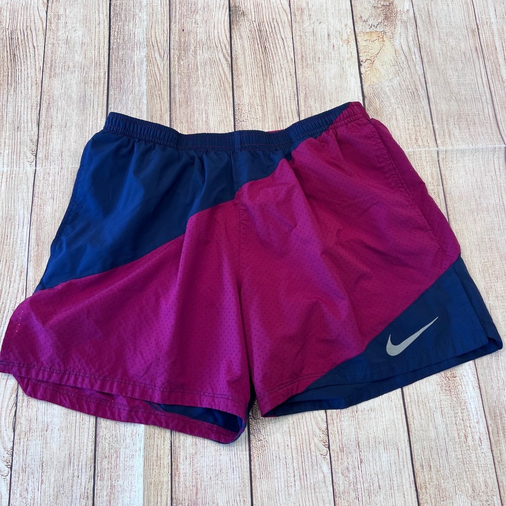 Nike Dri-FIT Running Shorts Womens Large Magenta Navy Colorblock Mesh Zip Pocket